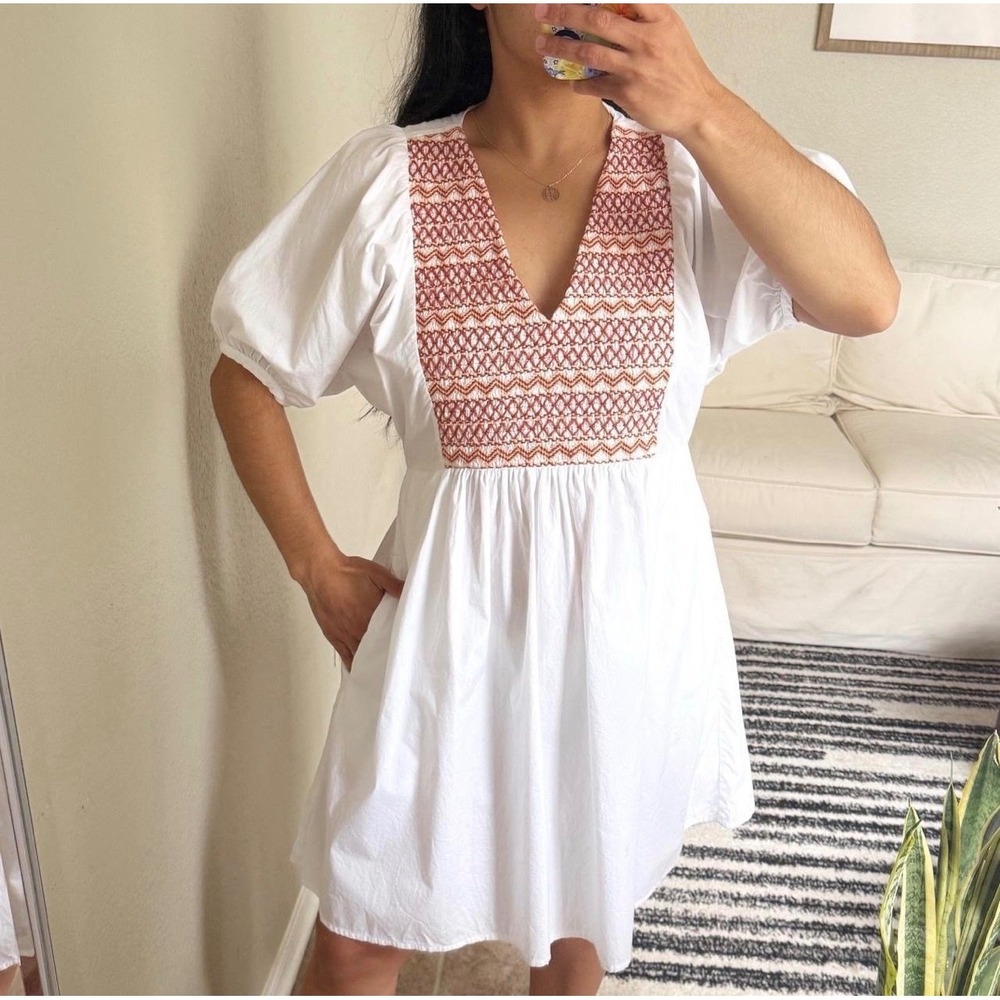 Madewell Smocked Embroidered Mini Dress‎ White Red Orange Puff Sleeve M NEW